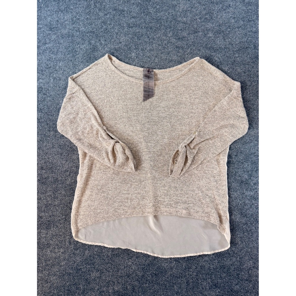 Moon Collection Knit Top Oatmeal Marled 3/4 Button Sleeve Sheer Back Hem XL